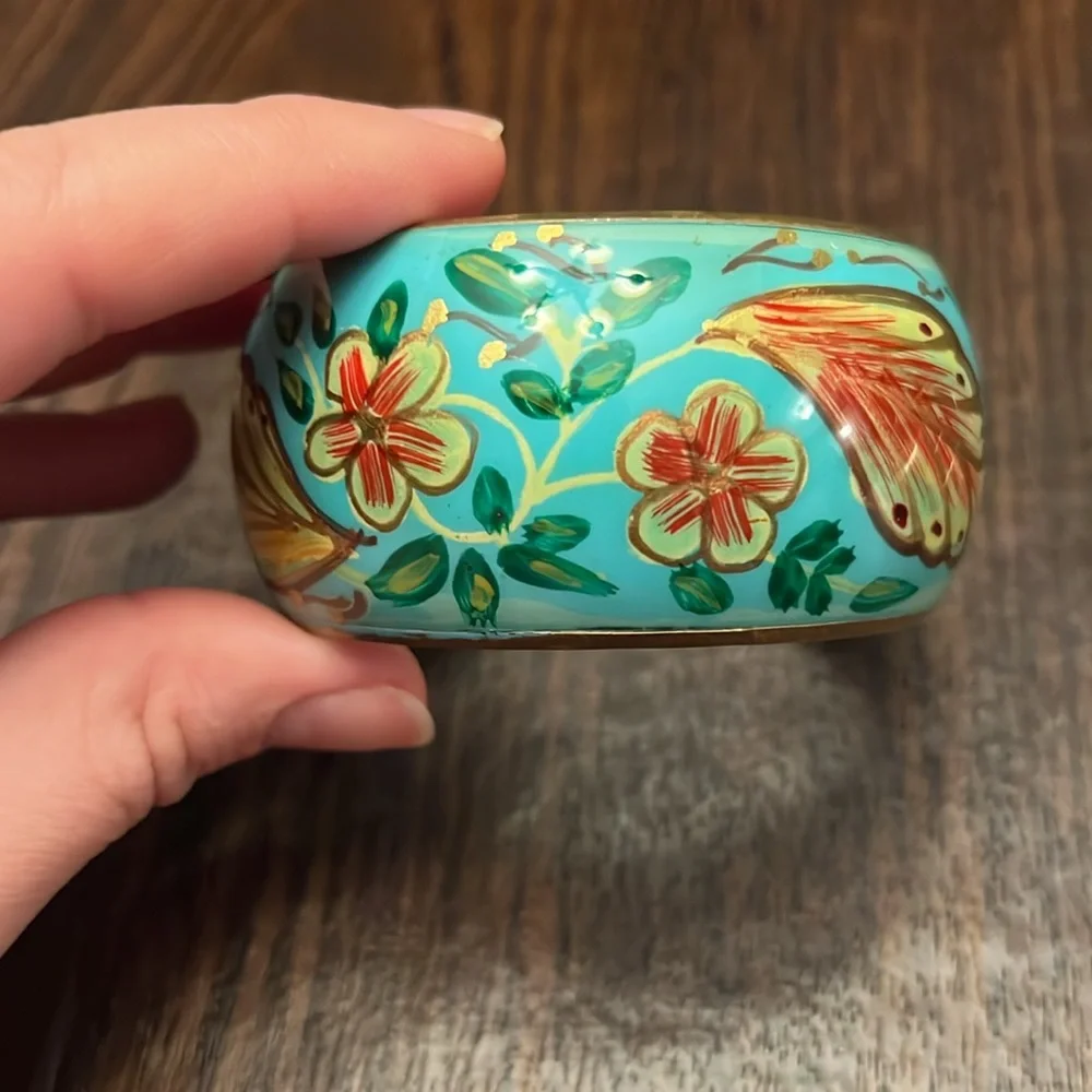 Teal and Gold Flower Bangle Bracelet - Picture 4 of 7